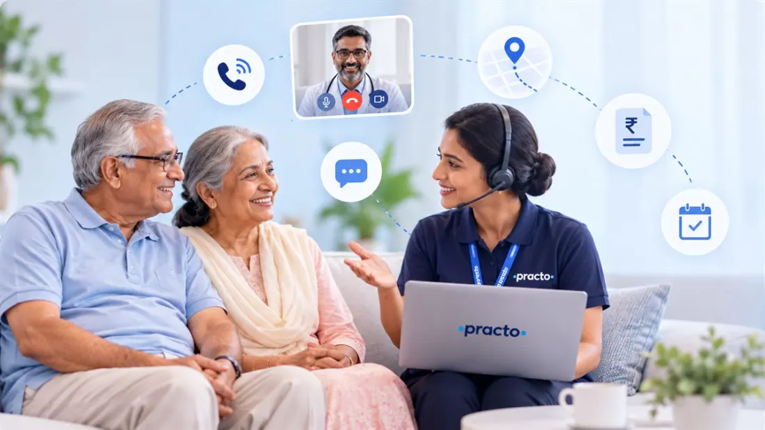 Elderly parents with a Practo care expert, while their son joins on a call