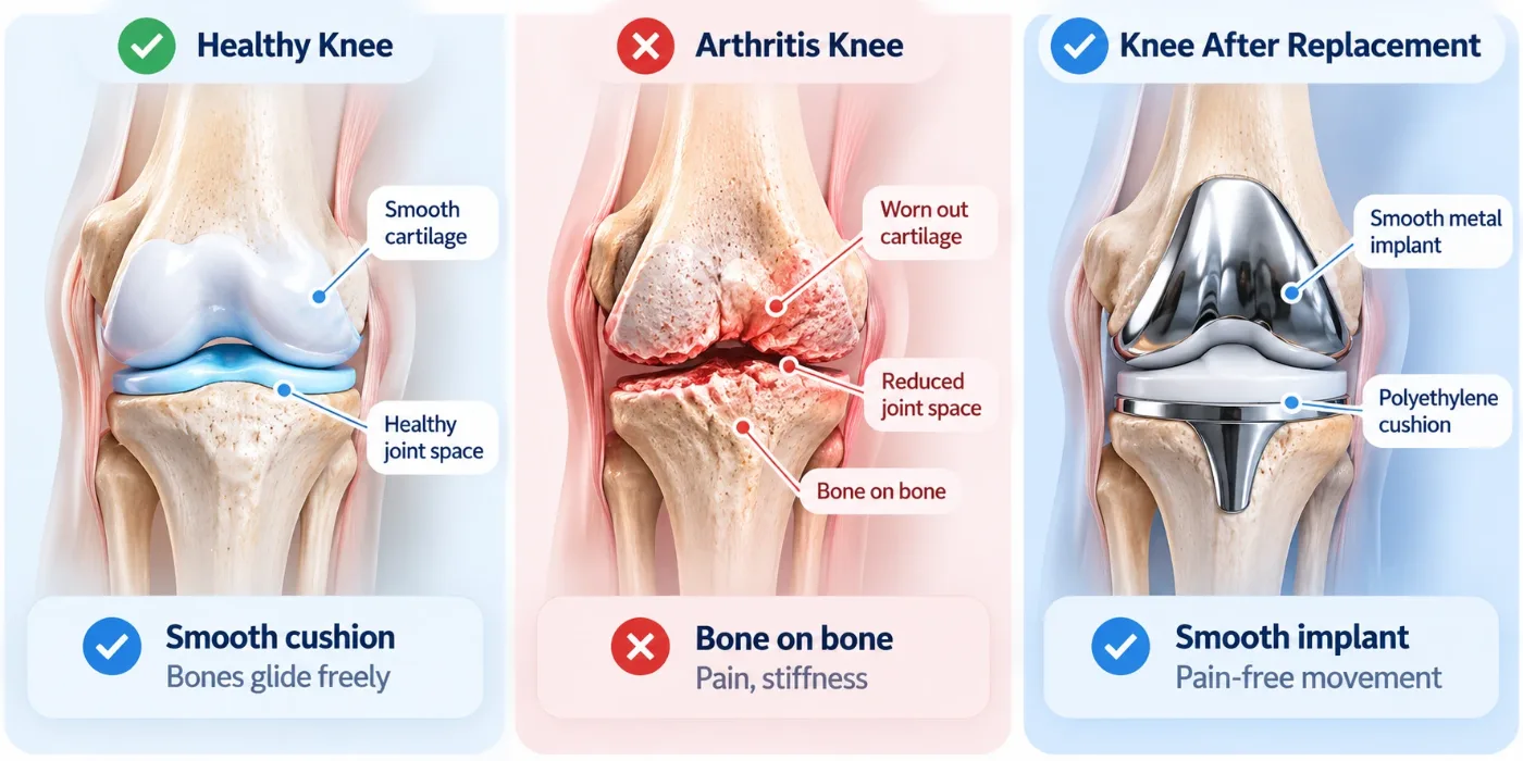 Healthy knee with smooth cartilage; arthritic knee with worn-out cartilage and bone on bone; knee after replacement with a smooth metal implant and polyethylene cushion